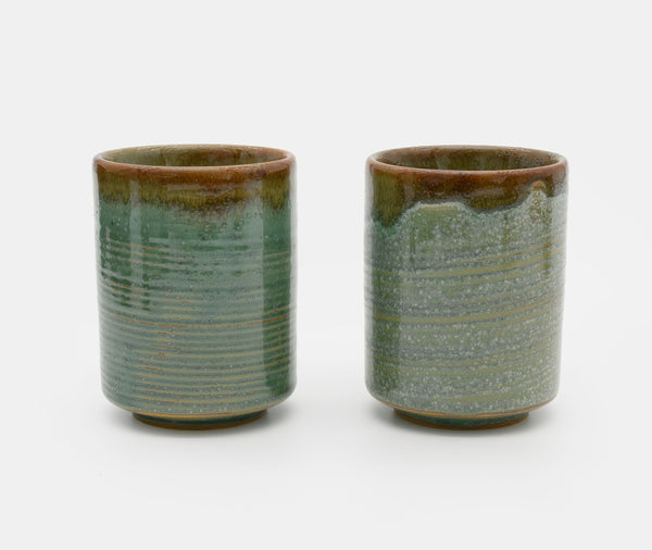 Zen Minded Green & Orange Ringed Glaze Cup Pair