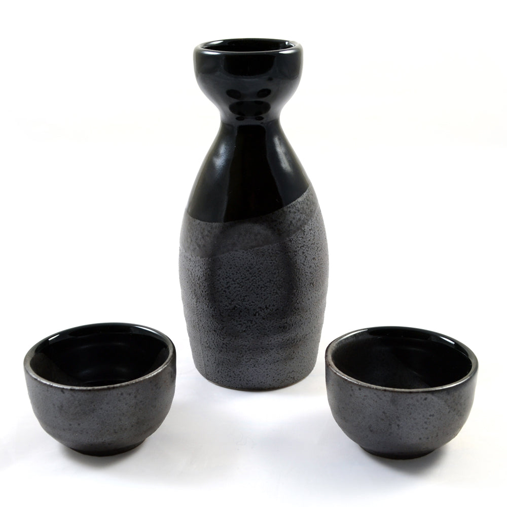 Sake Set Japanese Black & Silver Glazed Bottle & 2 Cups zen minded