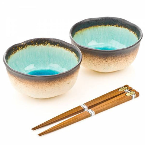 Zen Minded blå crackleglaze keramisk bollesett med spisepinner