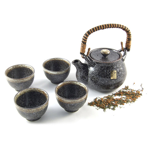 Zen Minded Japanese Stoneware Tea Set With Rustic Handle Speckle Glaze