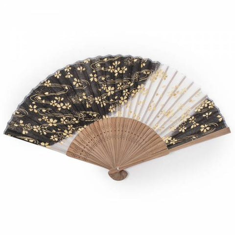 Leque dobrável japonês de seda e bambu com flor de cerejeira preta Zen Minded