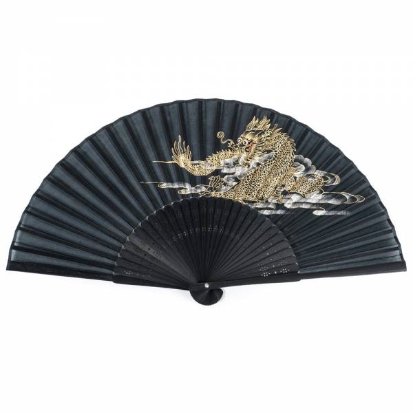 Abanico plegable japonés Zen Minded de seda y bambú con dragón negro