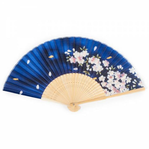Éventail pliant Zen Minded en soie et bambou bleu fleur de cerisier