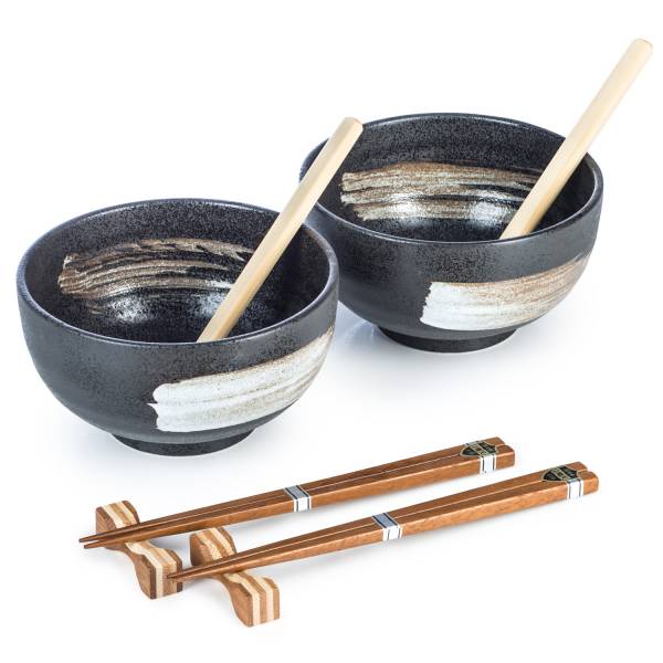 Zen Minded Kurokessho Japanese Ramen Noodle Bowl Set With Chopsticks & Spoons