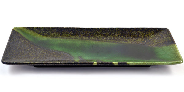 Zen Minded虹色に輝く緑釉の長方形の日本製陶板 大